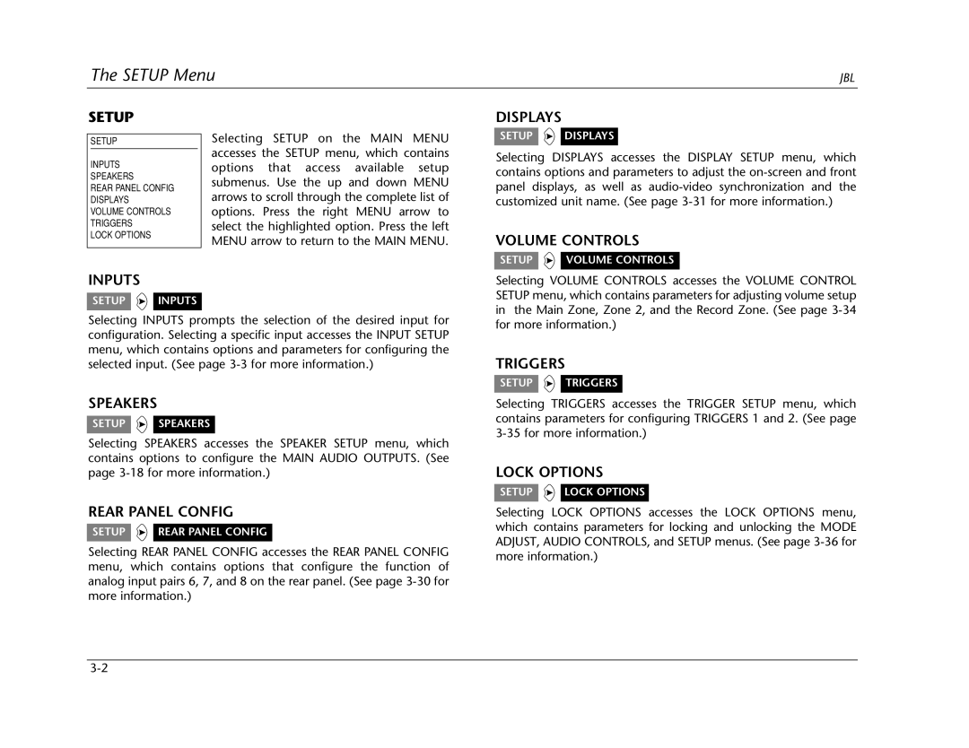 Lexicon SDP-40 manual Setup, Displays, Volume Controls, Inputs, Speakers, Rear Panel Config, Triggers, Lock Options 