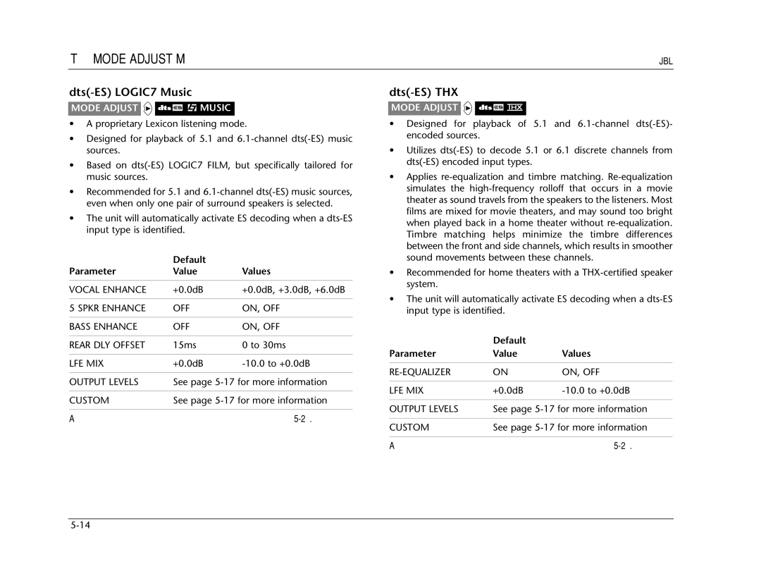 Lexicon SDP-40 manual Dts-ES LOGIC7 Music, Dts-ES THX, Mode Adjust 