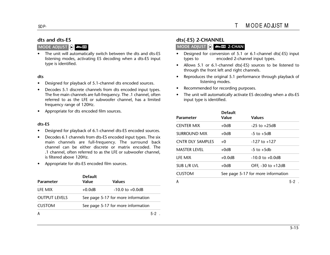 Lexicon SDP-40 manual Dts and dts-ES, Dts-ES 2-CHANNEL, Mode Adjust 2-CHAN 