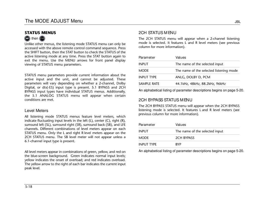 Lexicon SDP-40 manual Status Menus, 2CH Status Menu, 2CH Bypass Status Menu, Parameter Values 