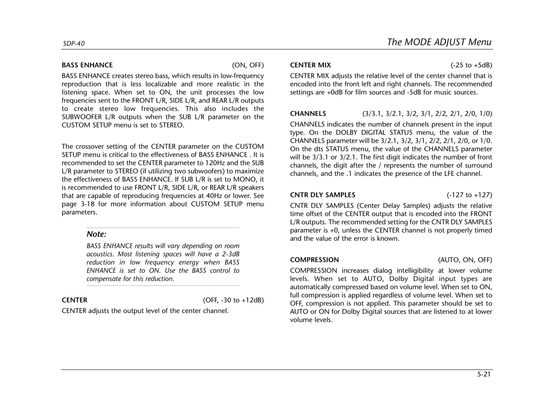 Lexicon SDP-40 manual Bass Enhance ON, OFF, Center MIX, Channels, Cntr DLY Samples, Compression AUTO, ON, OFF 