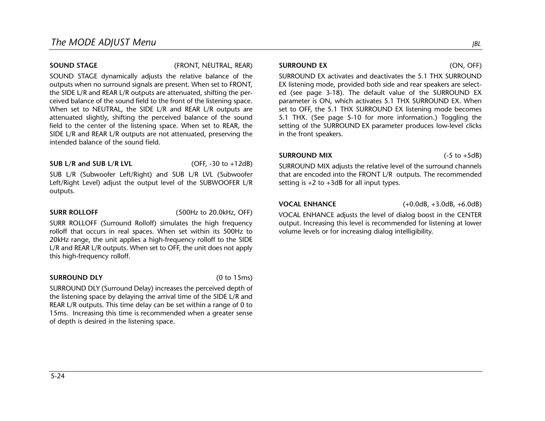 Lexicon SDP-40 manual Sound Stage, Surr Rolloff, Surround DLY, Surround EX ON, OFF, Surround MIX, Vocal Enhance 