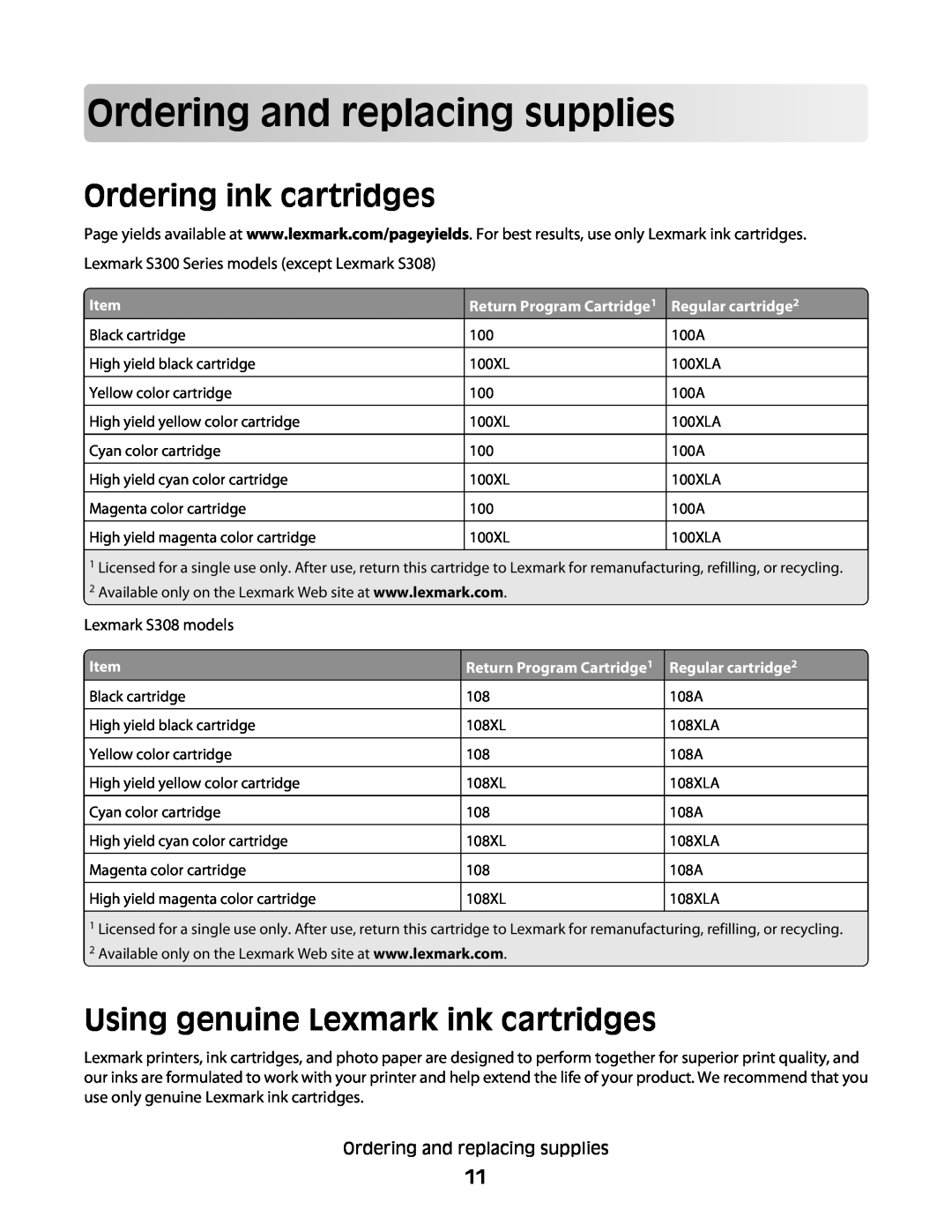 Lexmark 10E, 101 manual Ordering and replacingsupplies, Ordering ink cartridges, Using genuine Lexmark ink cartridges, Item 