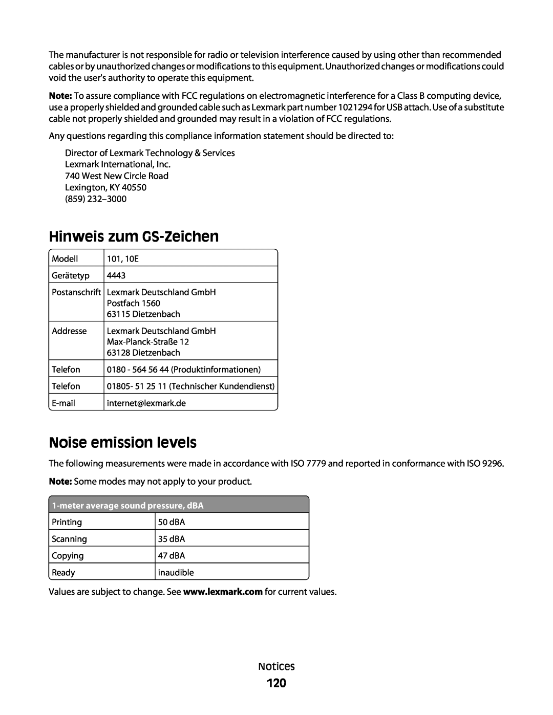 Lexmark 101, 10E manual Hinweis zum GS-Zeichen, Noise emission levels 