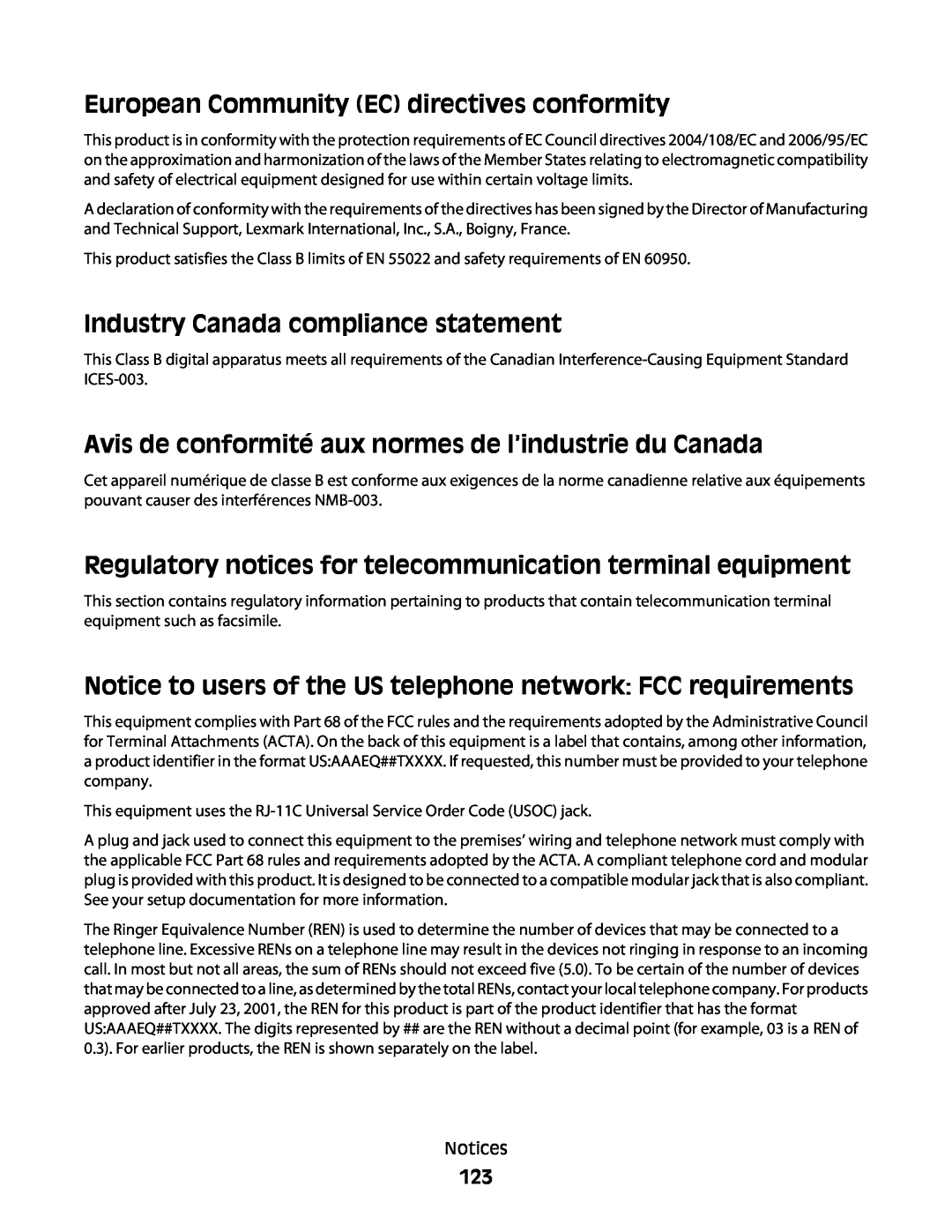 Lexmark 10E, 101 manual European Community EC directives conformity, Industry Canada compliance statement 