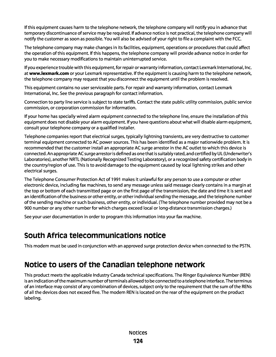 Lexmark 101, 10E manual South Africa telecommunications notice, Notice to users of the Canadian telephone network 