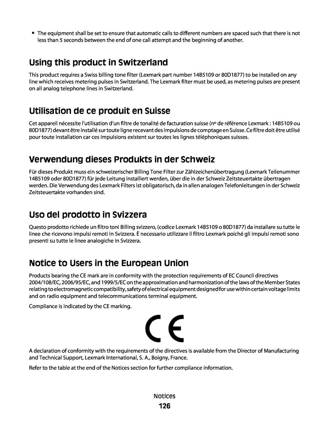 Lexmark 101, 10E manual Using this product in Switzerland, Utilisation de ce produit en Suisse, Uso del prodotto in Svizzera 