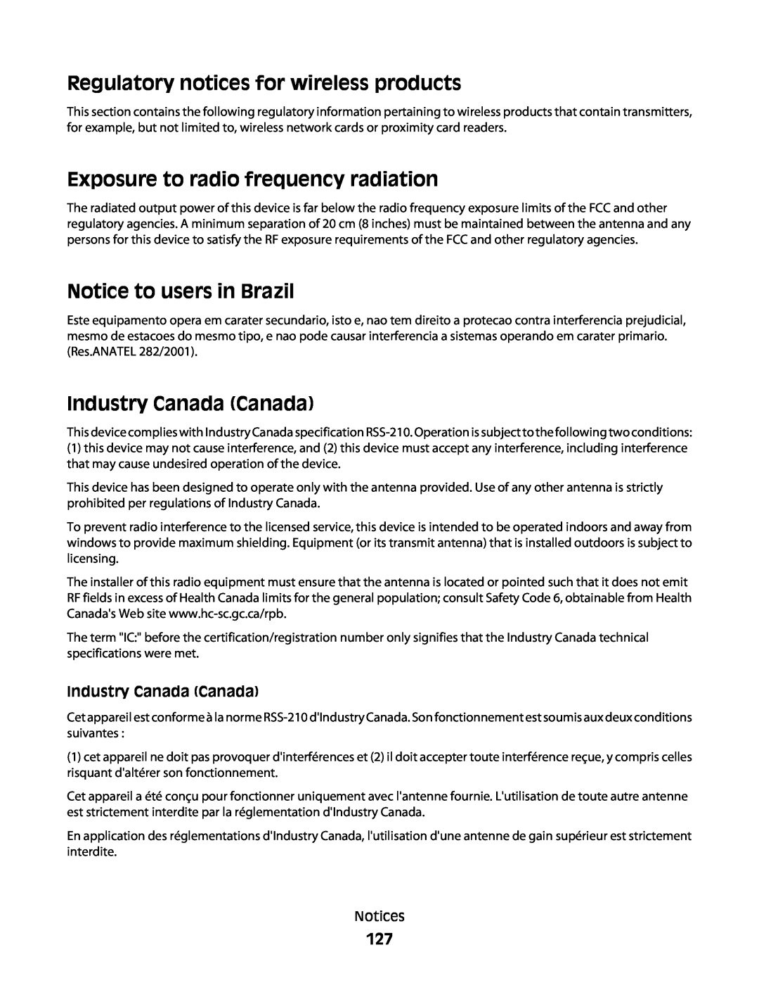 Lexmark 10E Regulatory notices for wireless products, Exposure to radio frequency radiation, Notice to users in Brazil 