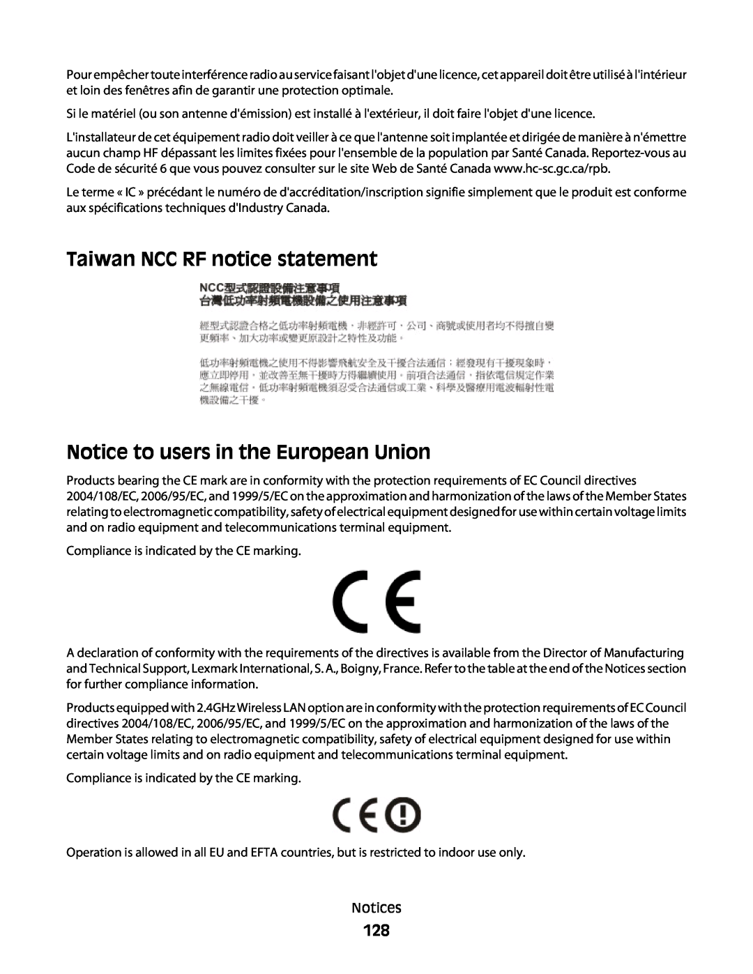 Lexmark 101, 10E manual Taiwan NCC RF notice statement, Notice to users in the European Union 