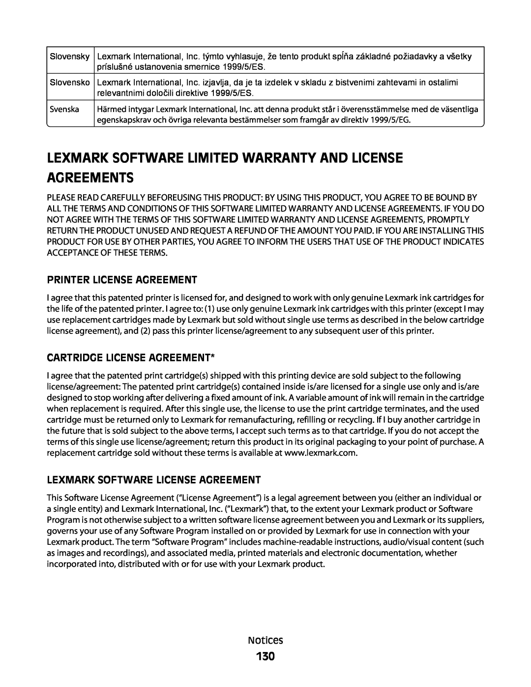 Lexmark 101, 10E manual Printer License Agreement, Cartridge License Agreement, Lexmark Software License Agreement 