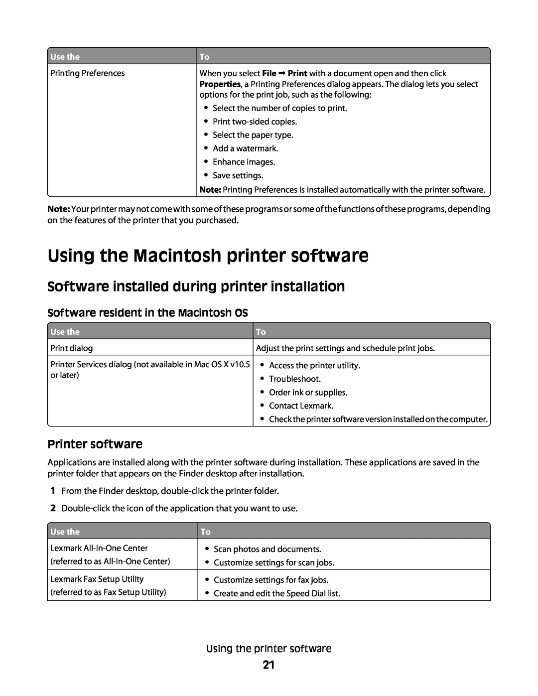 Lexmark 10E, 101 Using the Macintosh printer software, Software installed during printer installation, Printer software 