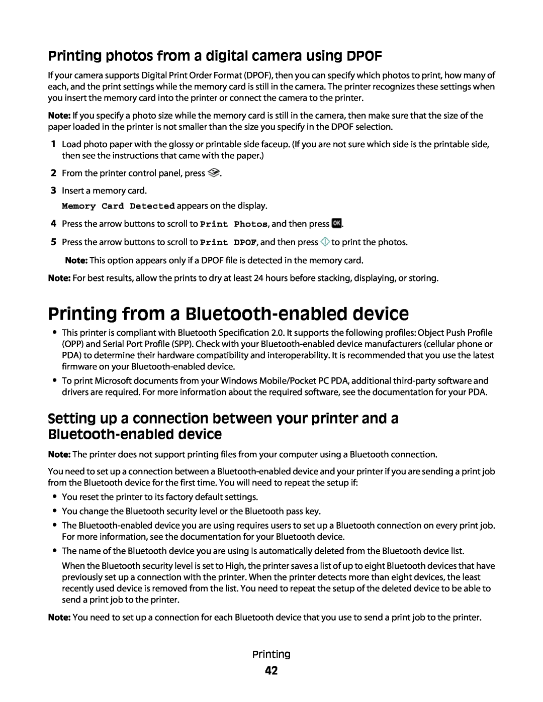 Lexmark 101, 10E manual Printing from a Bluetooth-enableddevice, Printing photos from a digital camera using DPOF 