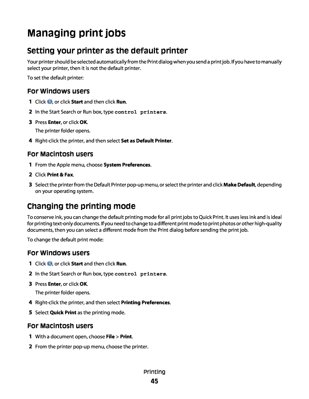 Lexmark 10E, 101 manual Managing print jobs, Setting your printer as the default printer, Changing the printing mode 