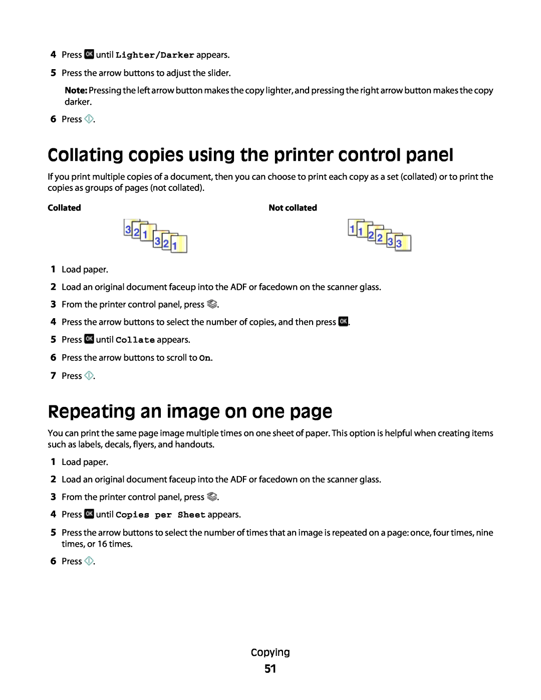Lexmark 10E, 101 manual Collating copies using the printer control panel, Repeating an image on one page 