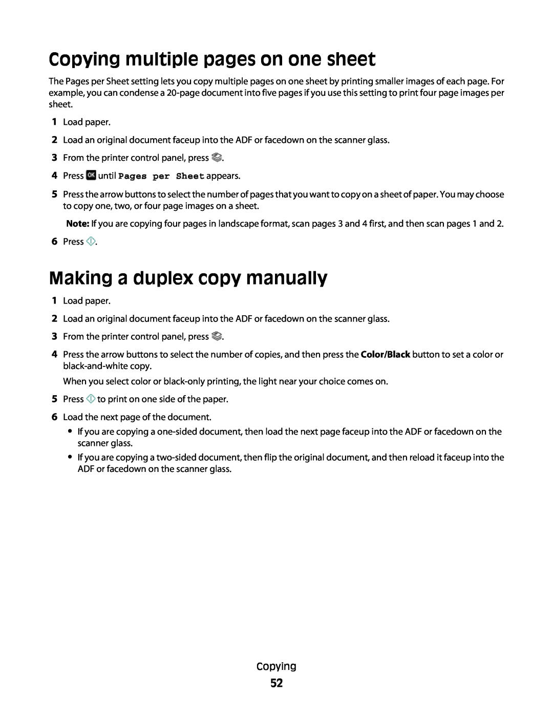 Lexmark 101, 10E Copying multiple pages on one sheet, Making a duplex copy manually 