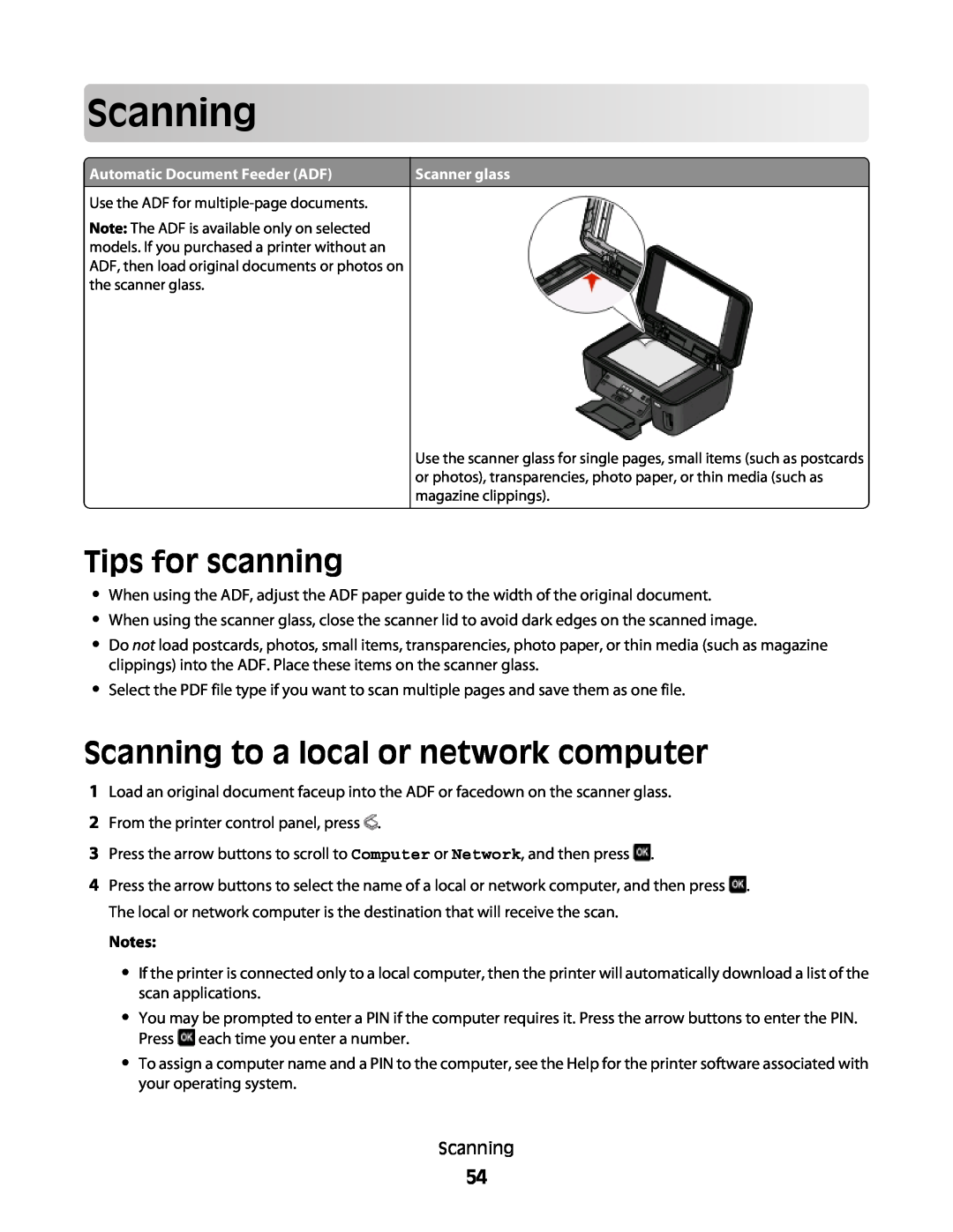 Lexmark 101, 10E manual Tips for scanning, Scanning to a local or network computer, Notes 