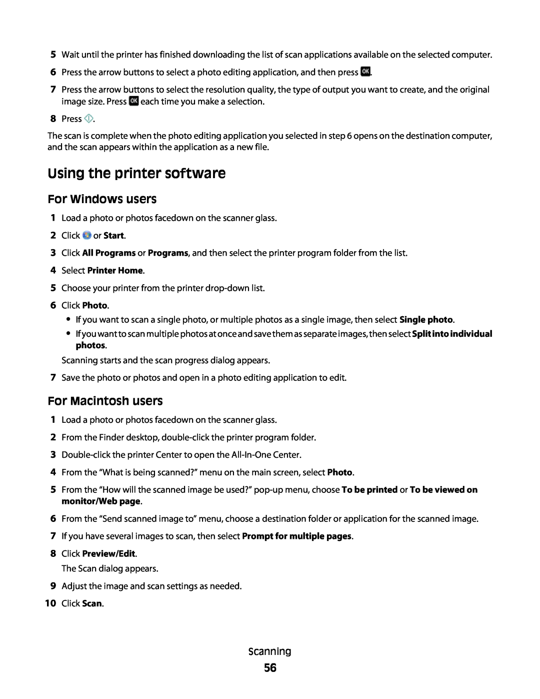 Lexmark 101 Using the printer software, For Windows users, For Macintosh users, 4Select Printer Home, 8Click Preview/Edit 