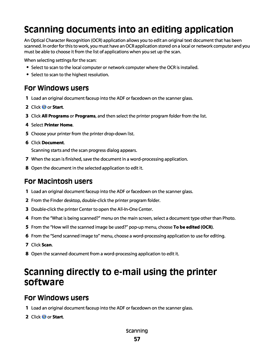 Lexmark 10E Scanning documents into an editing application, For Windows users, For Macintosh users, 4Select Printer Home 