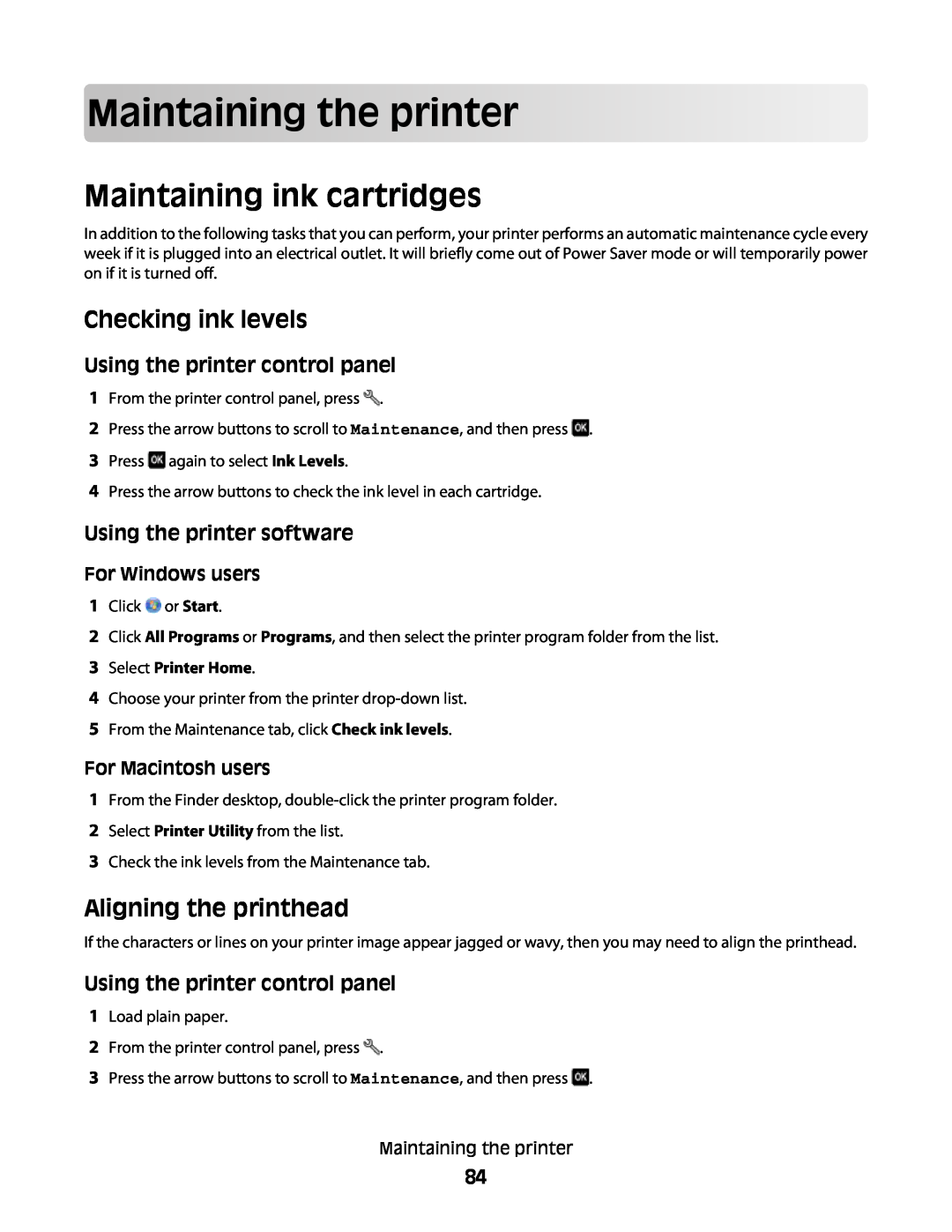 Lexmark 101, 10E manual Maintainingtheprinter, Maintaining ink cartridges, Checking ink levels, Aligning the printhead 