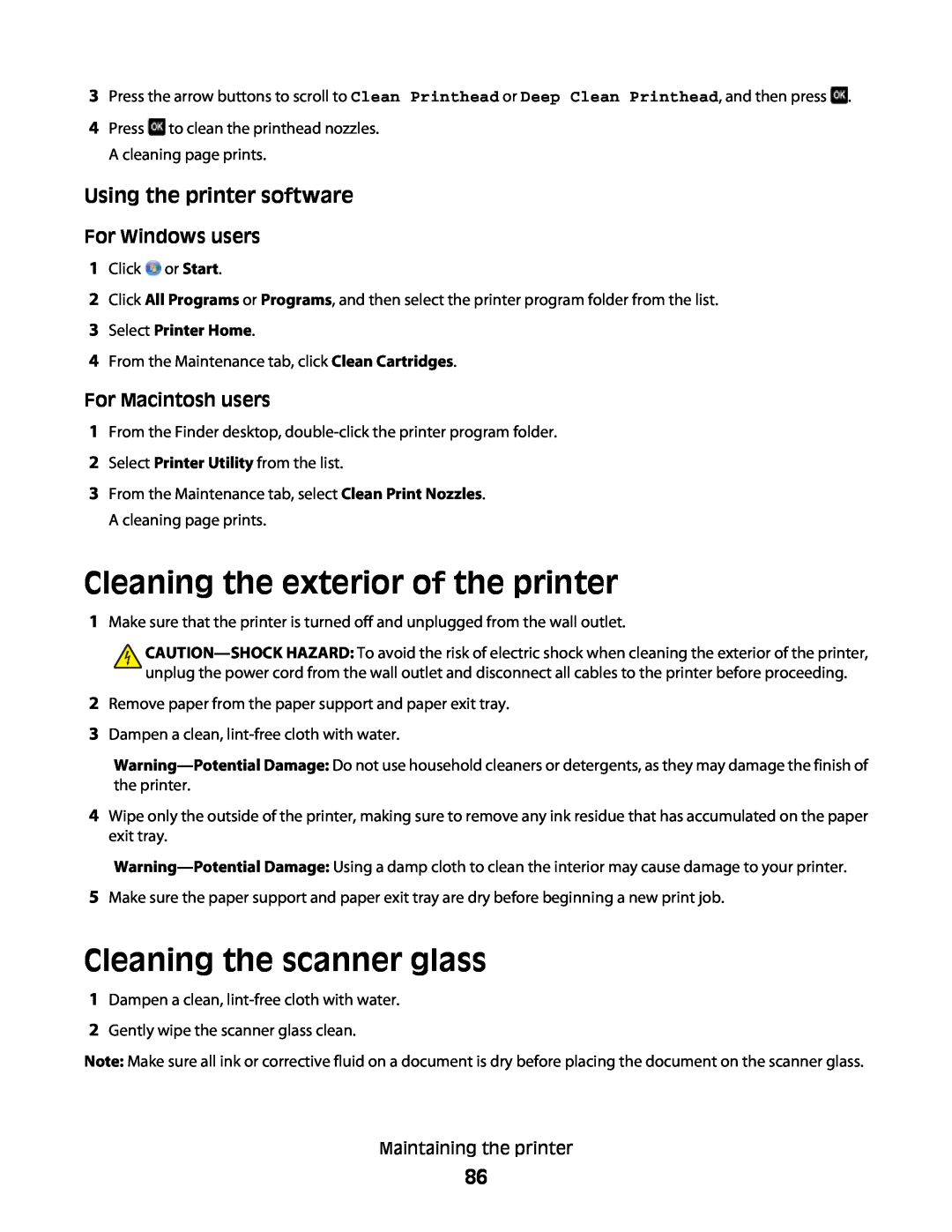 Lexmark 101, 10E manual Cleaning the exterior of the printer, Cleaning the scanner glass, Using the printer software 