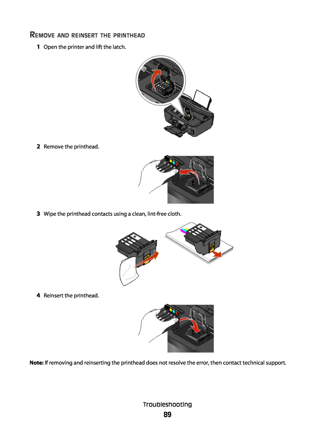 Lexmark 10E, 101 manual Remove And Reinsert The Printhead, 1Open the printer and lift the latch, 2Remove the printhead 