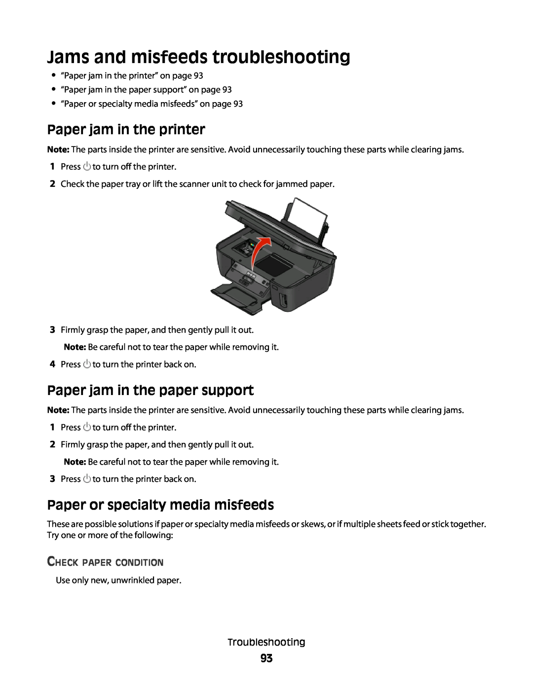 Lexmark 10E, 101 manual Jams and misfeeds troubleshooting, Paper jam in the printer, Paper jam in the paper support 
