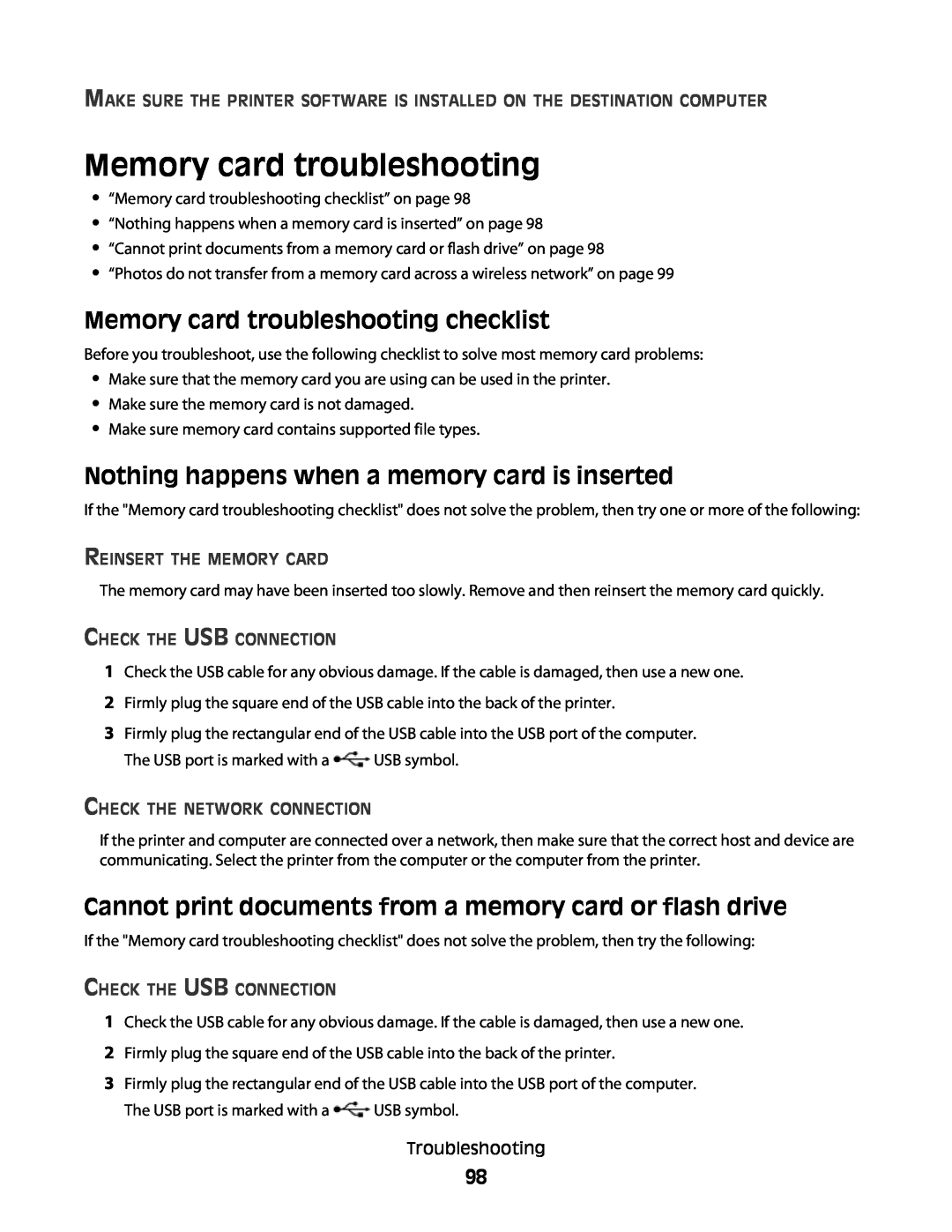 Lexmark 101, 10E manual Memory card troubleshooting checklist, Nothing happens when a memory card is inserted 