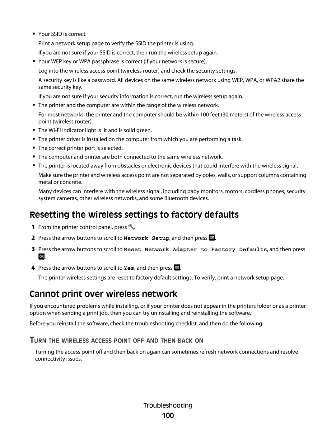 Lexmark 101, 10E manual Resetting the wireless settings to factory defaults, Cannot print over wireless network, 100 