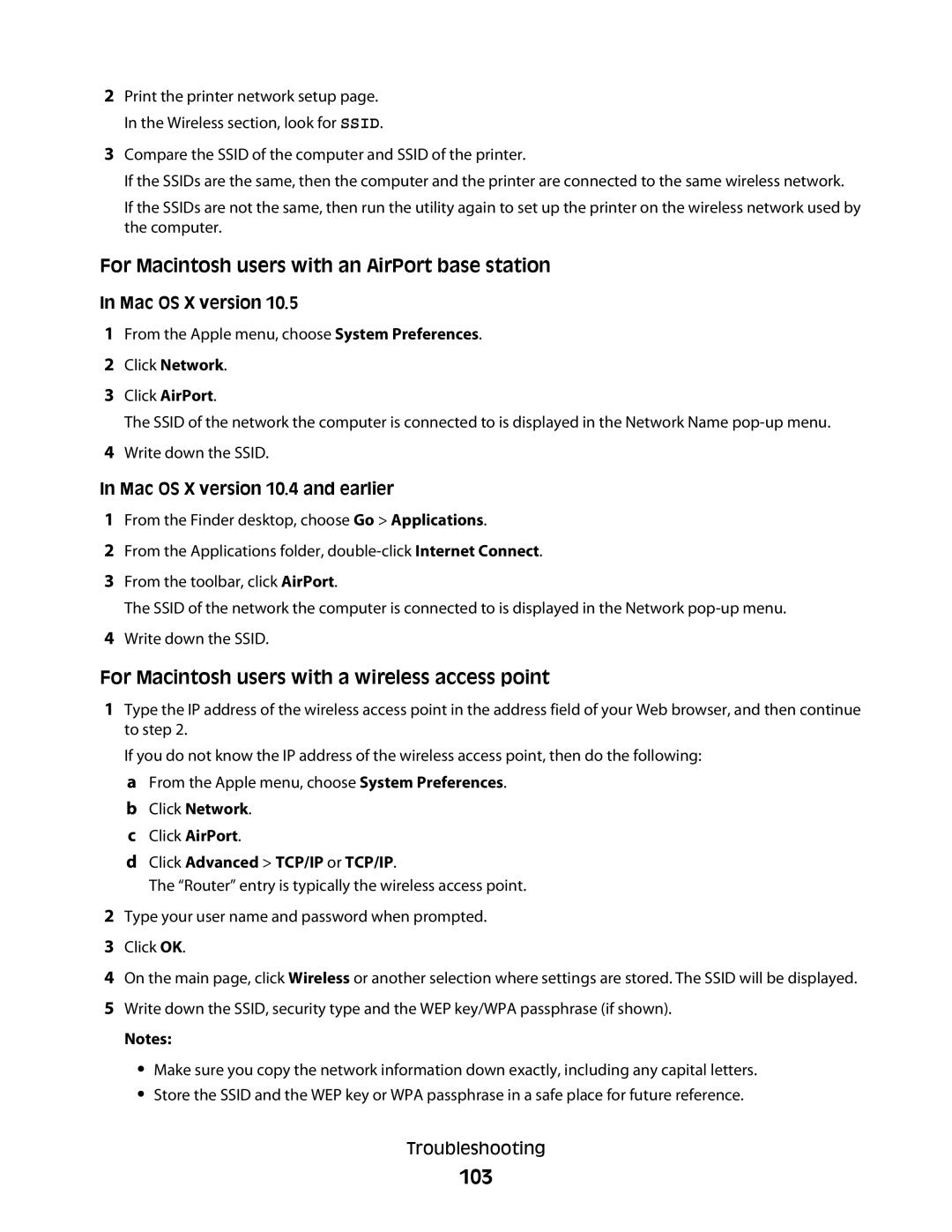 Lexmark 10E, 101 103, For Macintosh users with an AirPort base station, For Macintosh users with a wireless access point 