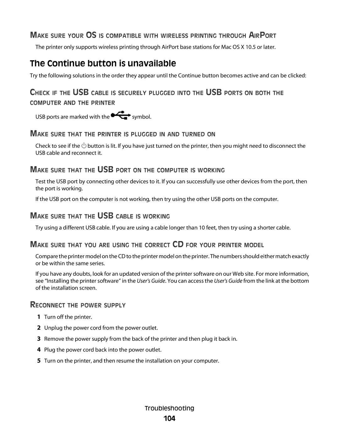 Lexmark 101, 10E manual Continue button is unavailable, 104 