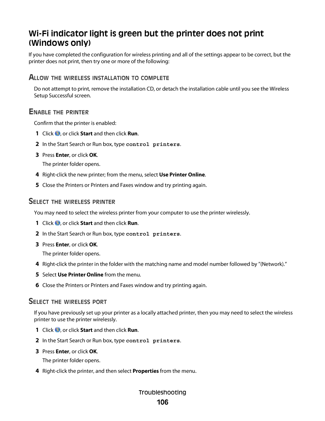 Lexmark 101, 10E manual 106, Allow the Wireless Installation to Complete, Enable the Printer, Select the Wireless Printer 