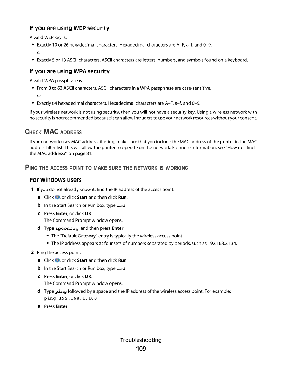 Lexmark 10E, 101 manual 109, Ping the Access Point to Make Sure the Network is Working 