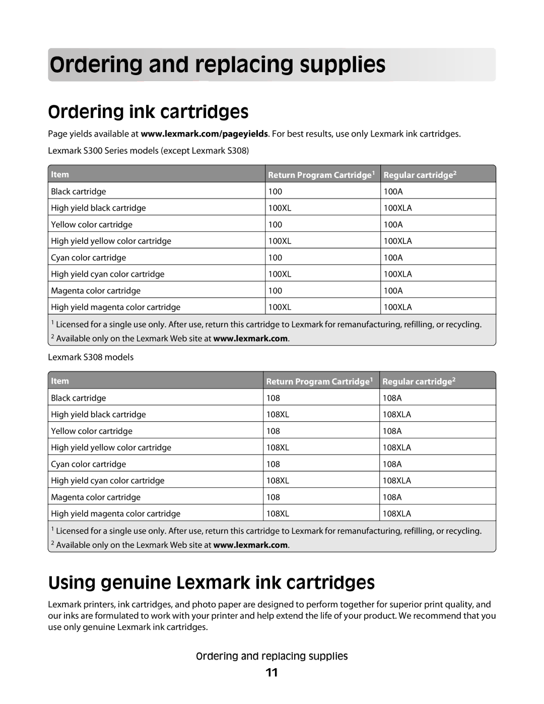 Lexmark 10E, 101 manual Orde rin g an d replac in g supplies, Ordering ink cartridges, Using genuine Lexmark ink cartridges 