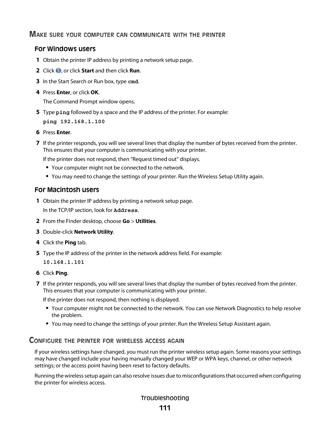 Lexmark 10E 111, Make Sure Your Computer can Communicate with the Printer, Configure the Printer for Wireless Access Again 