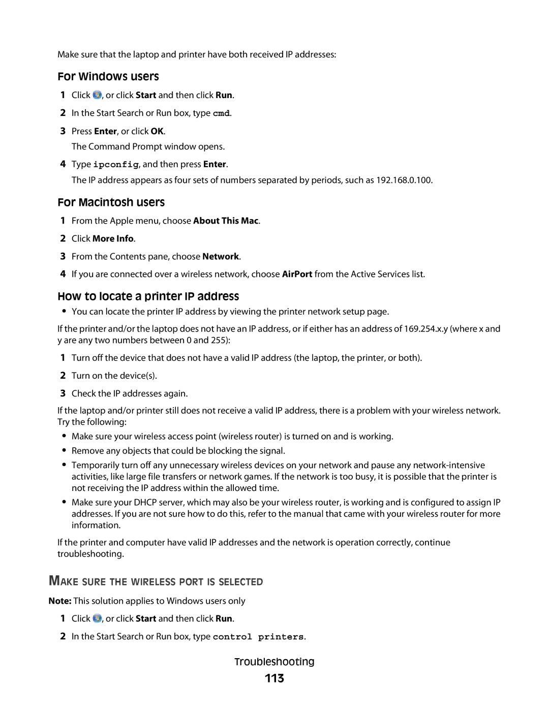 Lexmark 10E, 101 manual 113, How to locate a printer IP address, Make Sure the Wireless Port is Selected 