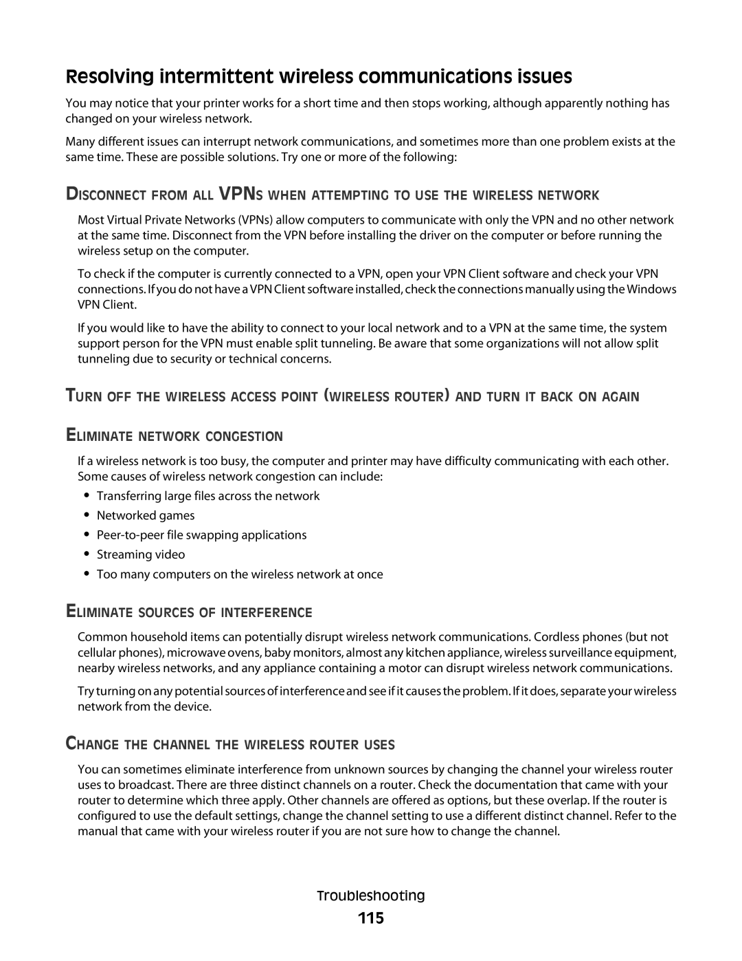 Lexmark 10E, 101 manual Resolving intermittent wireless communications issues, 115, Eliminate Sources of Interference 