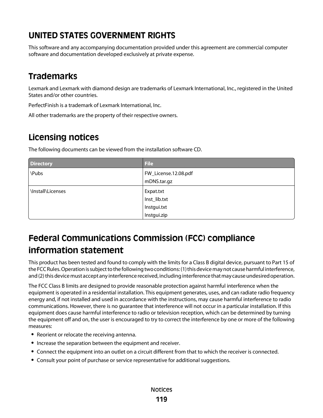 Lexmark 10E, 101 manual Trademarks, Licensing notices, 119 