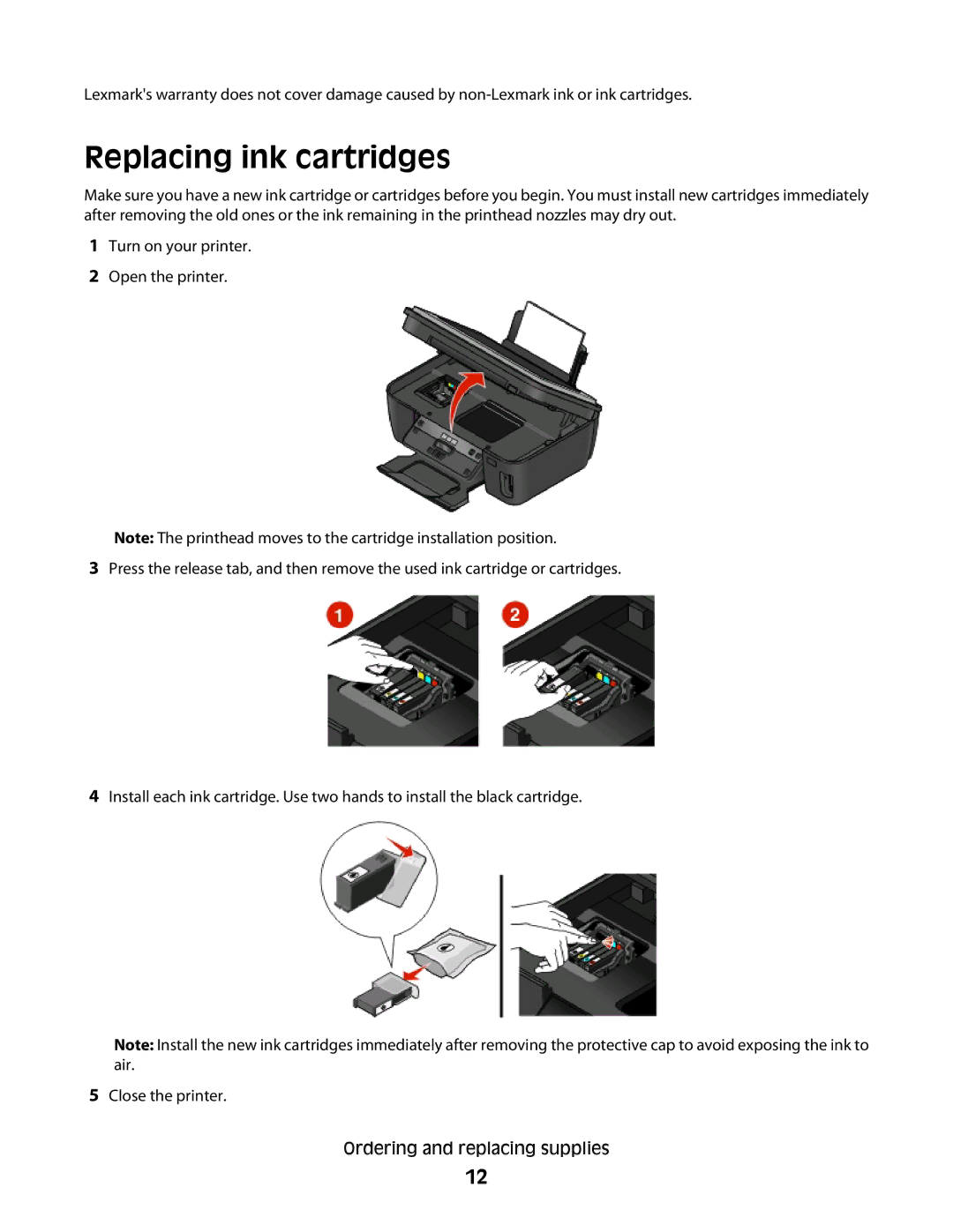 Lexmark 101, 10E manual Replacing ink cartridges 