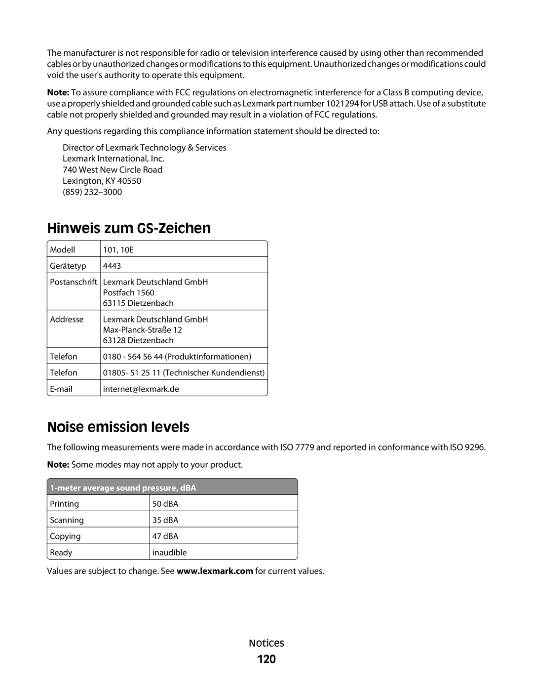 Lexmark 101, 10E manual Hinweis zum GS-Zeichen, Noise emission levels, 120 