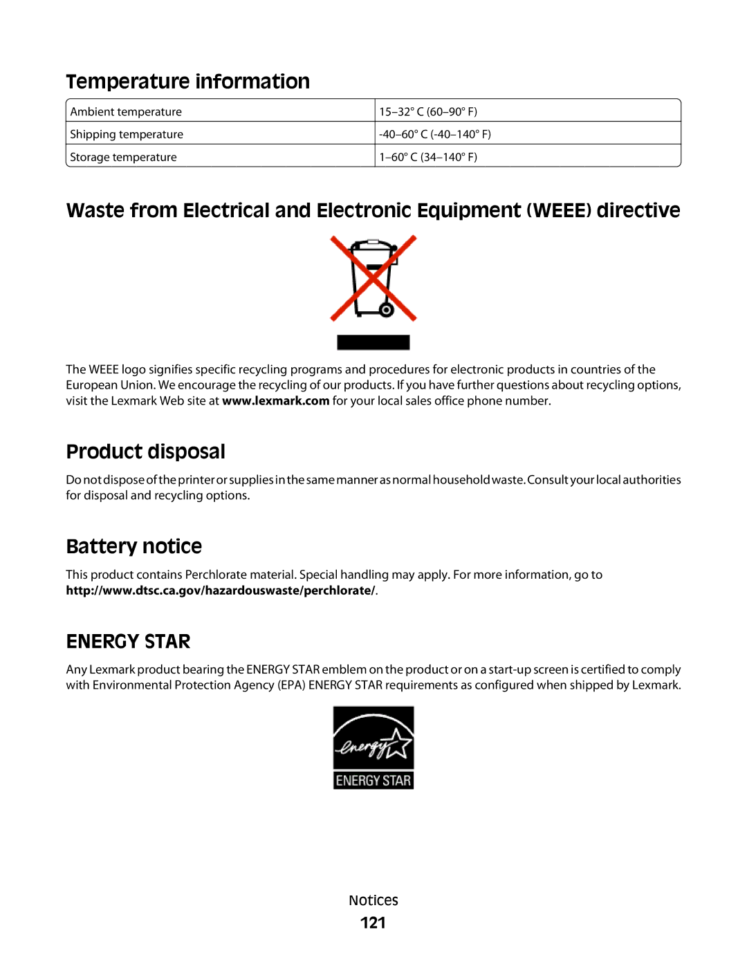 Lexmark 10E, 101 manual Temperature information, Battery notice, 121 