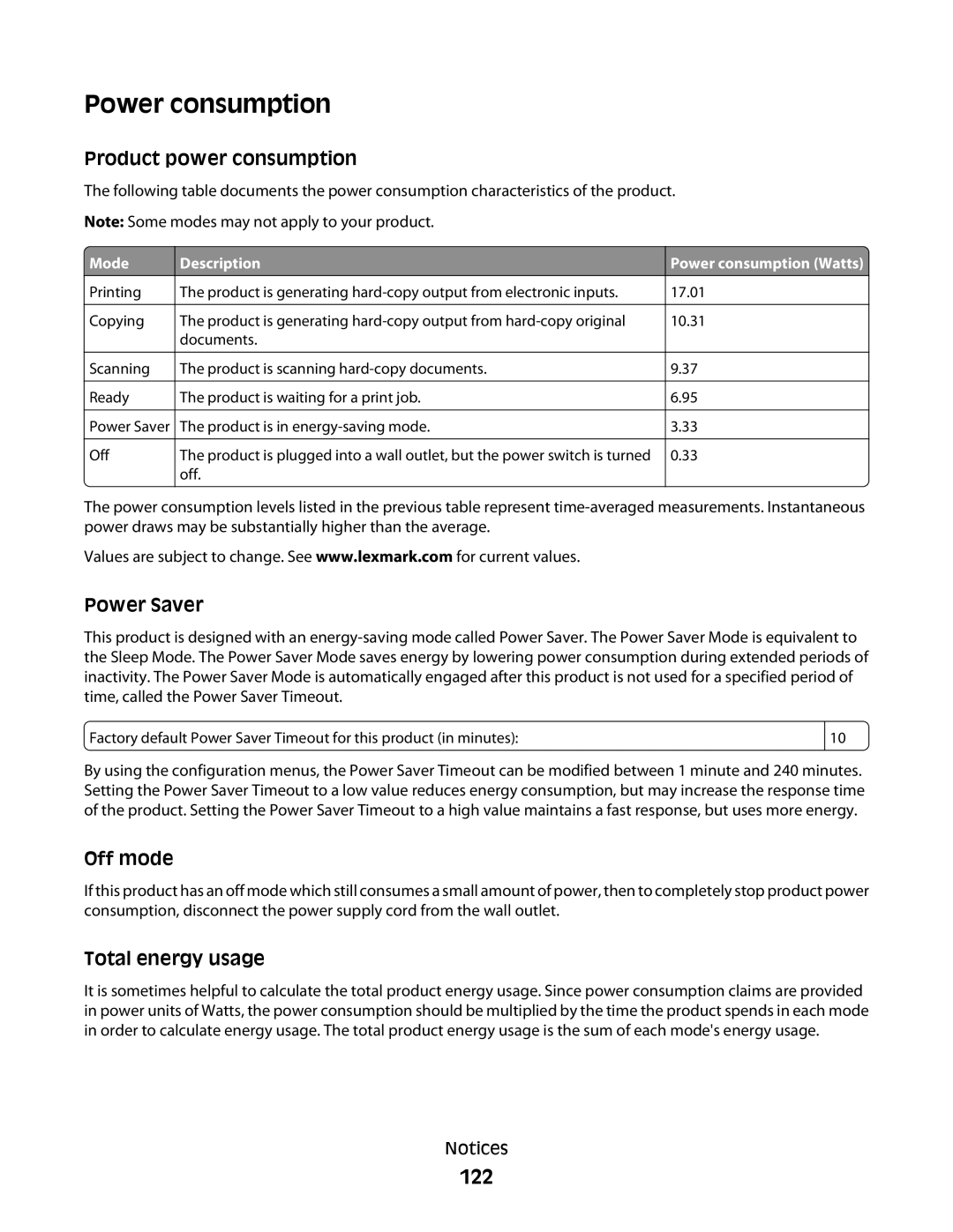 Lexmark 101, 10E manual Power consumption, 122 