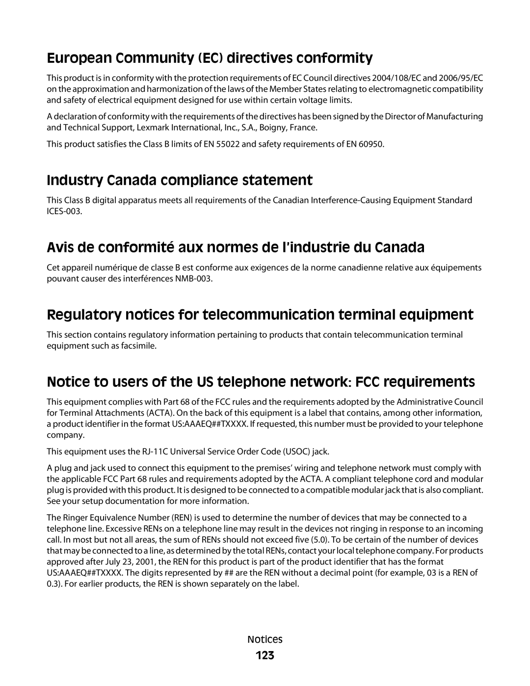 Lexmark 10E, 101 manual European Community EC directives conformity, Industry Canada compliance statement, 123 