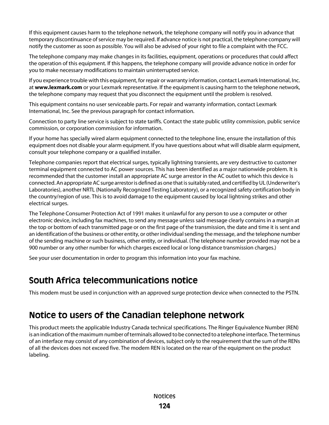 Lexmark 101, 10E manual South Africa telecommunications notice, 124 