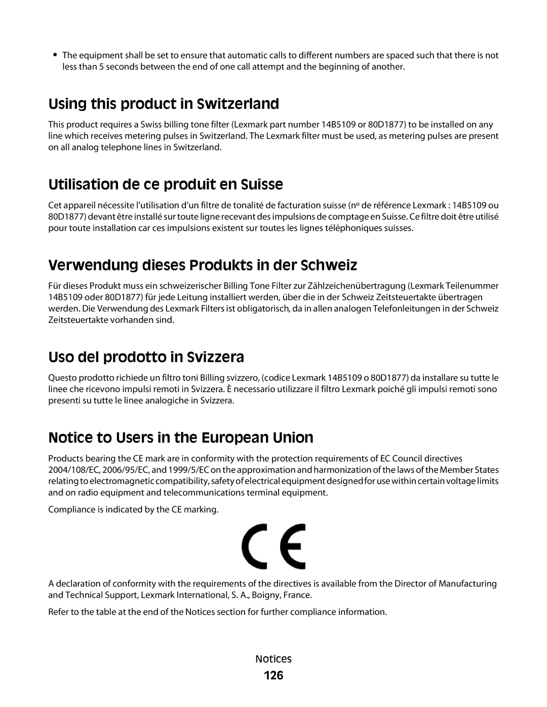 Lexmark 101, 10E Using this product in Switzerland, Utilisation de ce produit en Suisse, Uso del prodotto in Svizzera, 126 