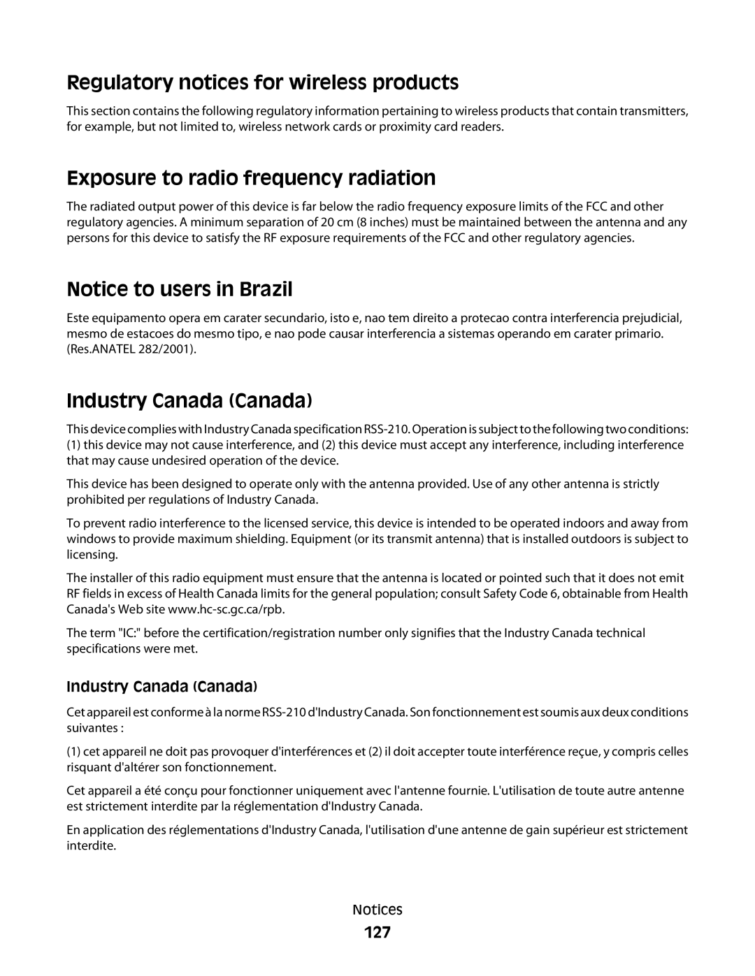 Lexmark 10E Regulatory notices for wireless products, Exposure to radio frequency radiation, Industry Canada Canada, 127 