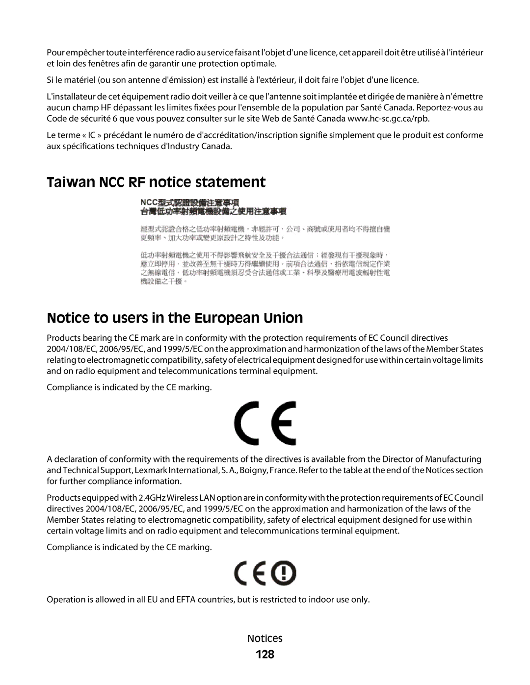 Lexmark 101, 10E manual Taiwan NCC RF notice statement, 128 