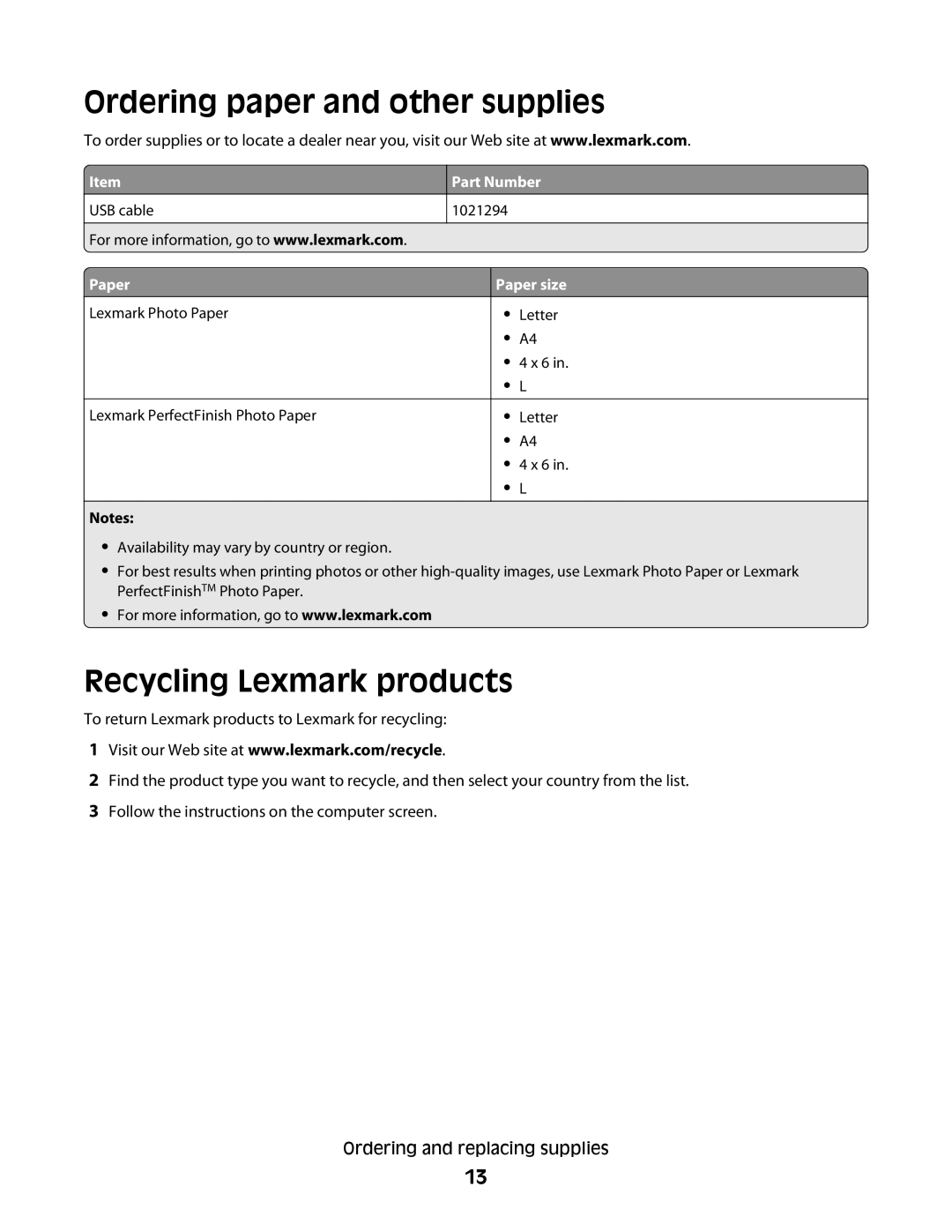 Lexmark 10E, 101 manual Ordering paper and other supplies, Recycling Lexmark products 