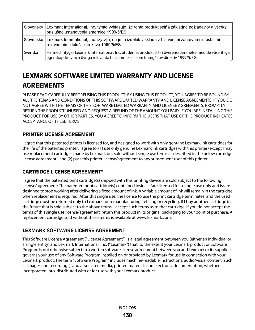 Lexmark 101, 10E manual Lexmark Software Limited Warranty and License Agreements, 130 