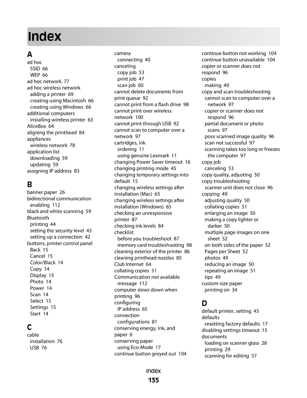 Lexmark 10E, 101 manual Index, 135 