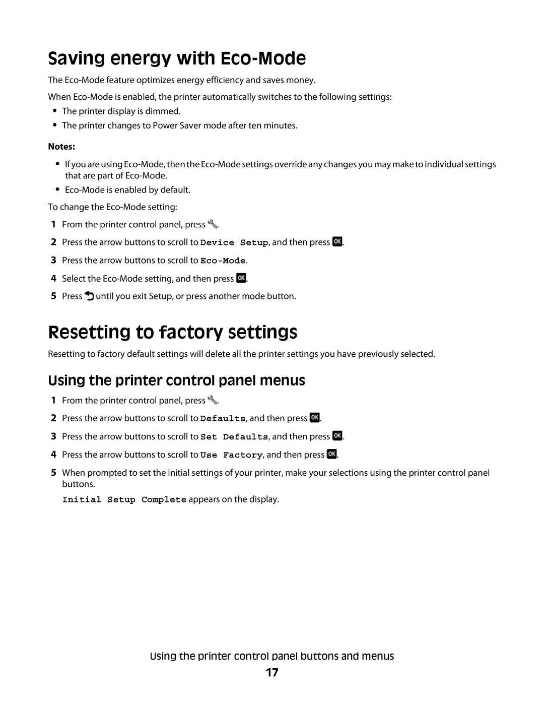 Lexmark 10E, 101 manual Saving energy with Eco-Mode, Resetting to factory settings, Using the printer control panel menus 